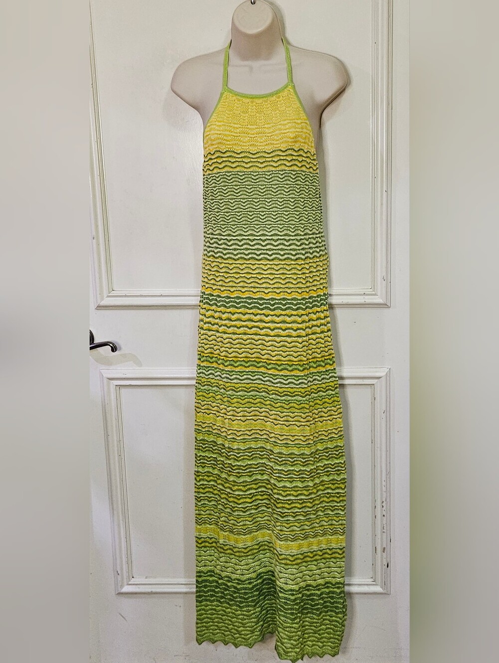 Gianni Bini Yellow/Green Metallic Ombre Knit Crochet Halter Maxi Dress,Large,NWT